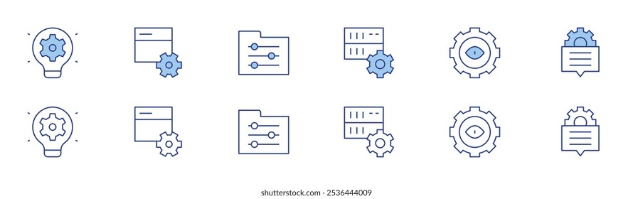 Configuration icon set in two styles, Duotone and Thin Line style. Editable stroke. server, idea, development, folder, eye, settings.