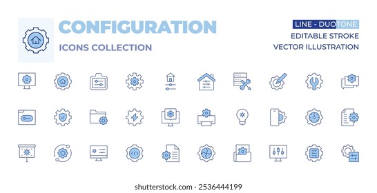 Configuration icons collection. Line Duotone style, editable stroke. adjust, data management, setting, settings, slider, engineering, gears, smart home, web development.