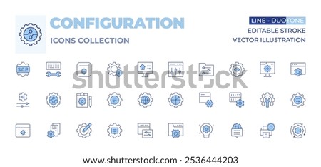 Configuration icons collection. Line Duotone style, editable stroke. cogwheel, keyboard, digitalization, settings, server, sop, world, report, development, folder, eye, graphic.