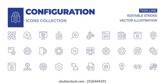 Coleção de ícones de configuração. Linha fina ícones, curso editável. ligação, configuração, desenvolvimento, dispositivo, cubo, olho, arquivo, lâmpada, processo, configuração, configurações, smartphone, soluções.