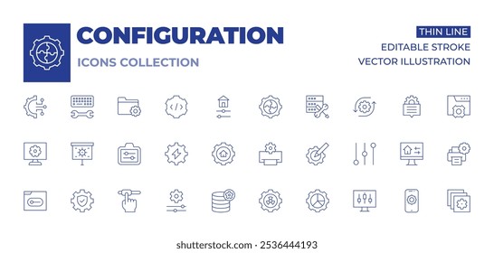 Configuration icons collection. Thin Line icons, editable stroke. adjust, analytics, configuration, development, cogwheel, computer, engineering, presentation, printer, setting, settings, slider.