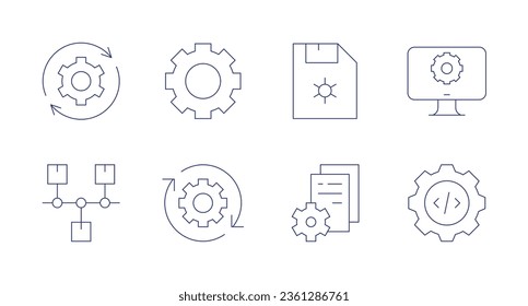 Configuration icons. editable stroke. Containing diskette, gear, settings, video, system update, timeline.