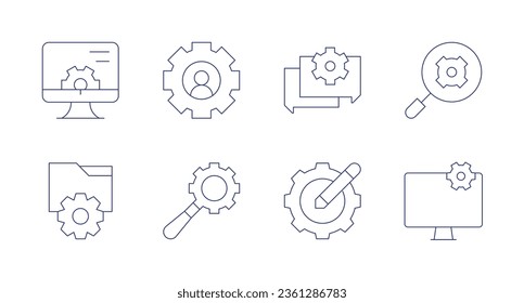 Iconos de configuración. trazo editable. Conteniendo chat, configuración, integración, monitor, administración, búsqueda, configuración.