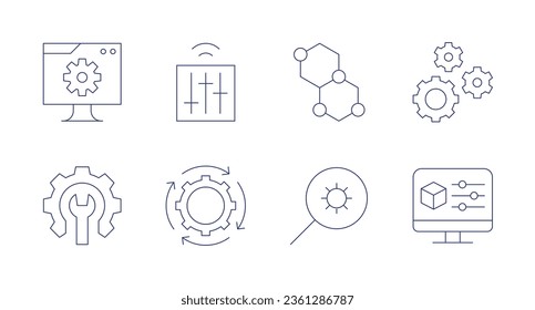 Configuration icons. editable stroke. Containing bond, configuration, cube, levels, process, settings.