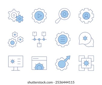 Configuration icons. Line Duotone style, editable stroke. implementation, web settings, settings, testing, timeline, monitor, search, configuration.