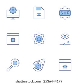 Configuration icons set. Line Duotone style, editable stroke. cogwheel, diskette, setting, gear, searching, broswer, settings, sop.