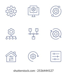 Configuration icons set. Thin Line style, editable stroke. gears, home, settings, web development, work in progress, timeline.