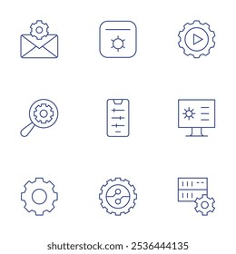 Ícones de configuração definidos. Estilo Thin Line, traço editável. configuração, digitalização, configurações, implementação, monitor, servidor, email, pesquisa.
