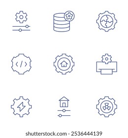 Ícones de configuração definidos. Estilo Linha Fina, curso editável. roda dentada, configuração, engenharia, impressora, configuração, configurações, casa inteligente.
