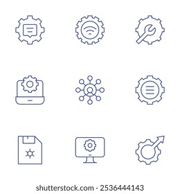 Configuration icons set. Thin Line style, editable stroke. chat, configuration, diskette, internet connection, multitasking, video, settings, testing.