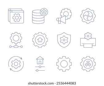 Iconos de configuración. Estilo de línea delgada, carrera editable. impresora, configuración, Configuraciones, hogar inteligente, marketing, seguridad, Actualizar del sistema.