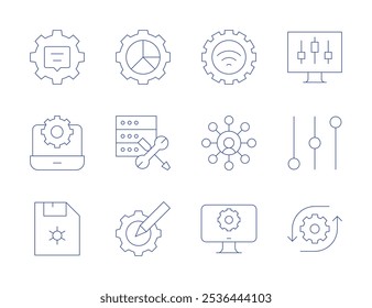 Configuration icons. Thin Line style, editable stroke. analytics, configuration, development, computer, engineering, chat, diskette, internet connection, multitasking, video.