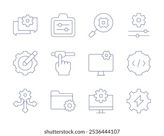 Iconos de configuración. Estilo de línea delgada, carrera editable. ajustar, configuración, gestión de datos, rueda dentada, ingeniería, chat, direcciones, integración, monitor, configuración.