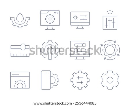 Configuration icons. Thin Line style, editable stroke. levels, process, setting, settings, smartphone, water drop, web settings, setup, timeline.