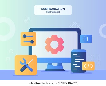 Configuration illustration set gear on display monitor computer nearby screwdriver wrench setting coding language program with flat style.