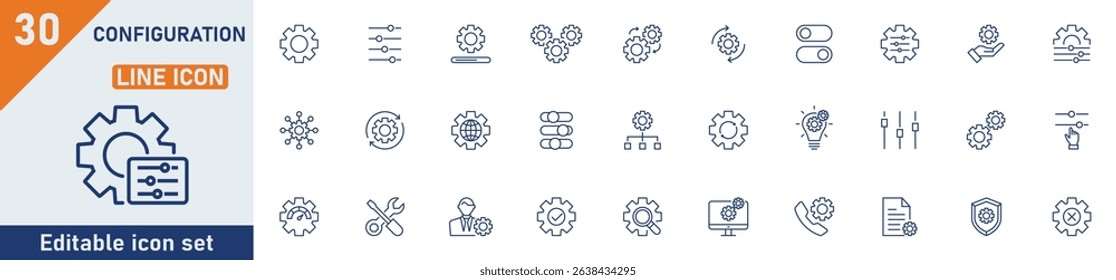 Configuration line icon set. Set of 30 outline icons related to configuration, optimization, gear, setting, setup, maintenance, sync and others. Editable stroke. Vector illustration.
