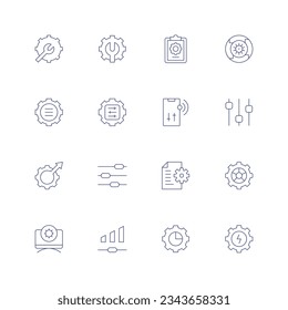 Configuration line icon set on transparent background with editable stroke. Containing settings, clipboard, iteration, configuration, preferences, testing, setup, document, setting, volume, gear.