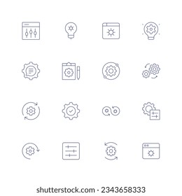 Configuration line icon set on transparent background with editable stroke. Containing settings, light bulb, broswer, idea, report, configuration, mechanism, solutions, devops, server.