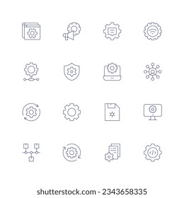Configuration line icon set on transparent background with editable stroke. Containing settings, marketing, chat, internet connection, security, configuration, multitasking, system update, diskette.