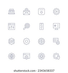 Icono de línea de configuración establecido en fondo transparente con trazo editable. Conteniendo configuración, correo, implementación, búsqueda, configuración, monitor, sop, digitalización, servidor, mundo, equipo.