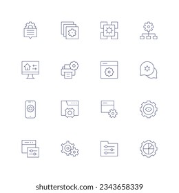 Configuration line icon set on transparent background with editable stroke. Containing settings, layers, application, configuration, printer, conversation, smartphone, setting, development, eye.