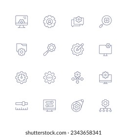 Configuration line icon set on transparent background with editable stroke. Containing settings, management, chat, integration, searching, configuration, monitor, speedometer, directions, setting.