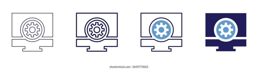 Ícone de opções de configuração em 4 estilos diferentes. Linha Fina, Linha, Linha Negrito, Duotônico. Estilo duotônico. Traçado editável.