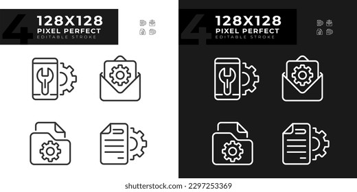 Configuration pixel perfect linear icons set for dark, light mode. Smartphone repair service. File management. Thin line symbols for night, day theme. Isolated illustrations. Editable stroke