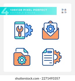 Configuration pixel perfect RGB color icons set. Smartphone repair service. File management. Document settings. Isolated vector illustrations. Simple filled line drawings collection. Editable stroke