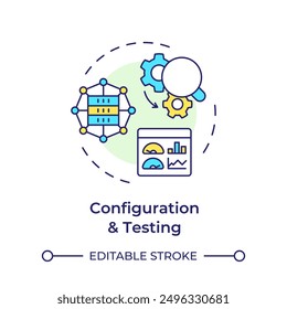 Configuration and testing multi color concept icon. Telecommunication system installation. System diagnostics. Round shape line illustration. Abstract idea. Graphic design. Easy to use in brochure