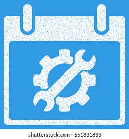 Configuration Tools Calendar Day grainy textured icon for overlay watermark stamps. Flat symbol with dirty texture. Dotted vector white ink rubber seal stamp with grunge design on a blue background.