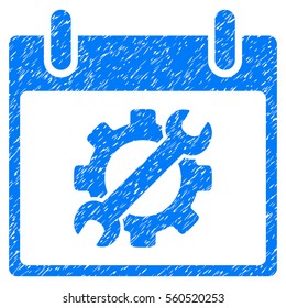 Configuration Tools Calendar Day grainy textured icon for overlay watermark stamps. Flat symbol with dirty texture. Dotted vector blue ink rubber seal stamp with grunge design on a white background.