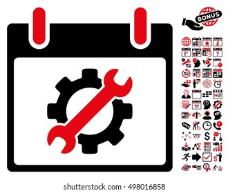 Configuration Tools Calendar Day icon with bonus calendar and time management icon set. Vector illustration style is flat iconic symbols, intensive red and black, white background.