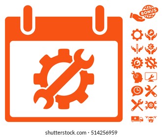 Configuration Tools Calendar Day icon with bonus tools design elements. Vector illustration style is flat iconic symbols, orange, white background.