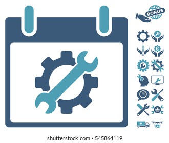 Configuration Tools Calendar Day icon with bonus tools pictures. Vector illustration style is flat iconic symbols, cyan and blue, white background.