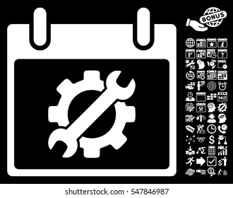 Configuration Tools Calendar Day icon with bonus calendar and time management pictures. Vector illustration style is flat iconic symbols, white, black background.