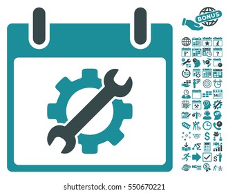 Configuration Tools Calendar Day icon with bonus calendar and time management images. Vector illustration style is flat iconic symbols, soft blue, white background.