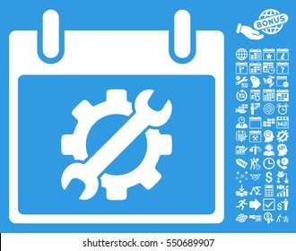 Configuration Tools Calendar Day icon with bonus calendar and time management clip art. Vector illustration style is flat iconic symbols, white, blue background.