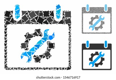 Configuration tools calendar day mosaic of ragged pieces in different sizes and color hues, based on configuration tools calendar day icon. Vector trembly pieces are organized into collage.