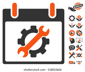 Configuration Tools Calendar Day pictograph with bonus settings pictures. Vector illustration style is flat iconic symbols, orange and gray, white background.