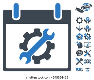 Configuration Tools Calendar Day pictograph with bonus configuration icon set. Vector illustration style is flat iconic symbols, smooth blue, white background.