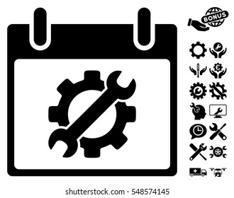 Configuration Tools Calendar Day pictograph with bonus settings clip art. Vector illustration style is flat iconic symbols, black, white background.