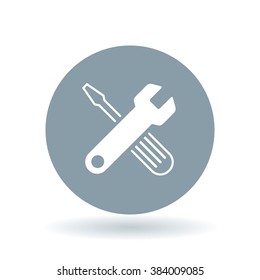 Configuration tools icon. Settings and preferences sign. Spanner and screwdriver symbol. White tools icon on cool grey circle background. Vector illustration.