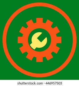 Configuration Tools vector bicolor icon. Image style is a flat icon symbol inside a circle, orange and yellow colors, green background.