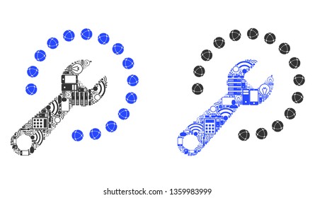 Configure collage icon done for bigdata illustrations. Vector configure mosaics are united from computer, calculator, connections, wi-fi, network elements into abstract collage.
