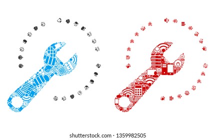 Configure composition icons organized for bigdata purposes. Vector configure mosaics are combined from computer, calculator, connections, wi-fi, network icons into abstract compositions.