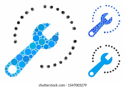 Configure diagram mosaic of circle elements in different sizes and color tints, based on configure diagram icon. Vector circle elements are composed into blue collage.