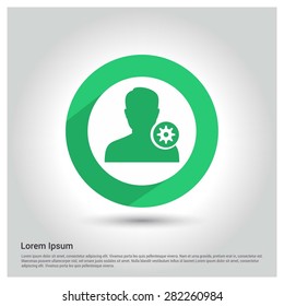 Configure gear user icon, Circle Long shadow pictogram icon on gray background.