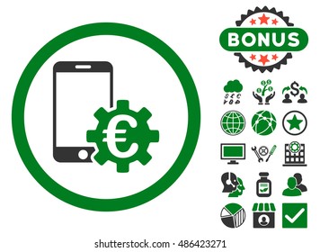 Configure Mobile Euro Bank icon with bonus images. Vector illustration style is flat iconic bicolor symbols, green and gray colors, white background.