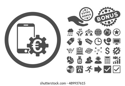 Configure Mobile Euro Bank icon with bonus pictogram. Vector illustration style is flat iconic symbols, gray color, white background.
